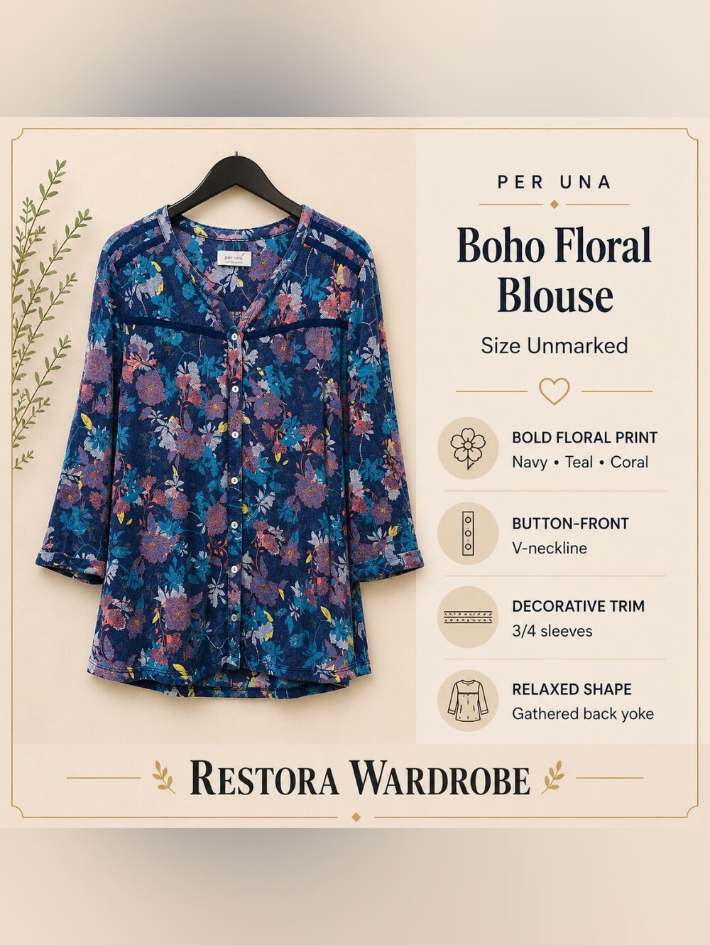Per Una M&S Boho Floral Blouse Button Front Trim 3/4 Sleeve